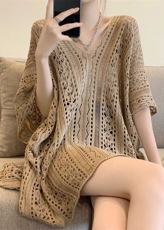French Khaki V Neck Hollow Out Loose Knit Top Summer