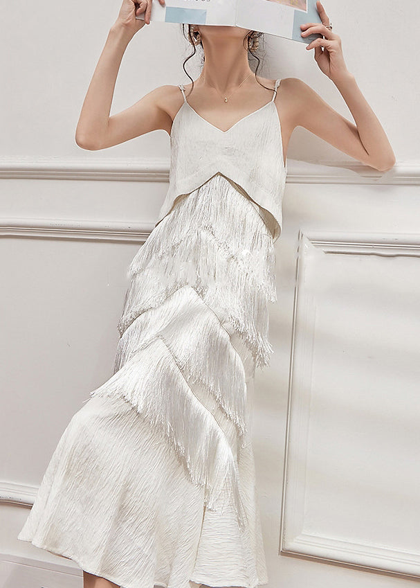 White V Neck Tasseled Spaghetti Strap Dress Sleeveless