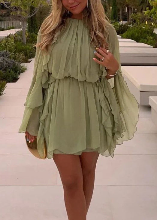 Art Green Ruffled Chiffon Mini Dress Fall