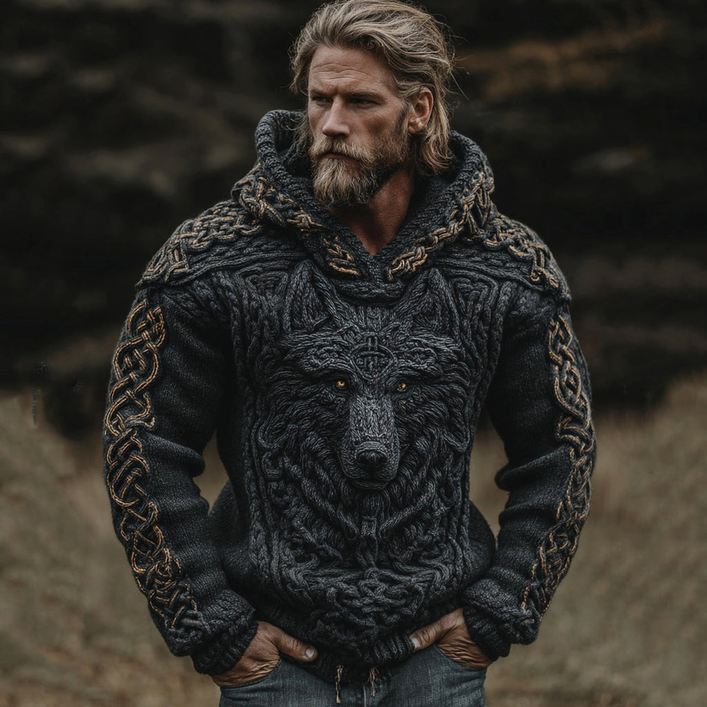 Men's Viking Wolf Celtic Knot Jacquard Knitted Hooded Sweater artswardrobe