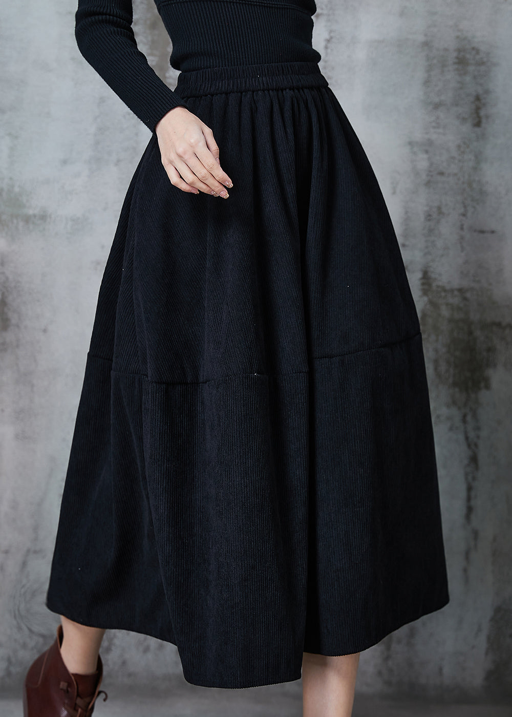 Black Elastic Waist Patchwork Corduroy a Line Skirts Spring
