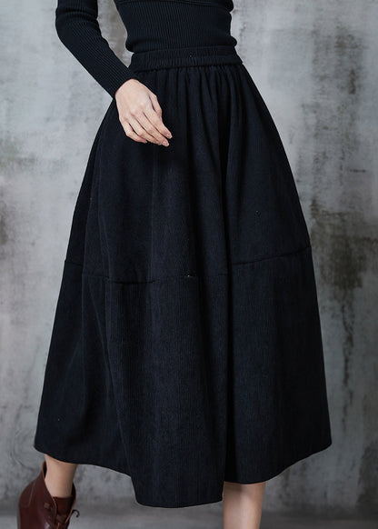Black Elastic Waist Patchwork Corduroy a Line Skirts Spring