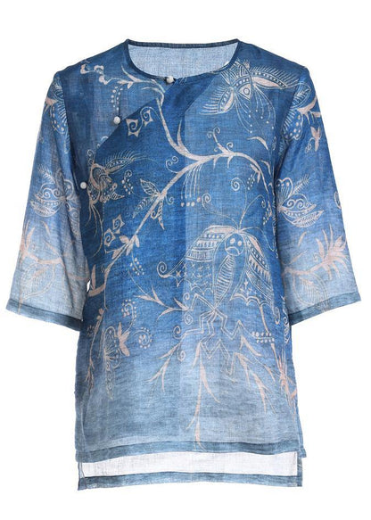 Italian Blue Print Oriental Summer Ramie Shirt Half Sleeve