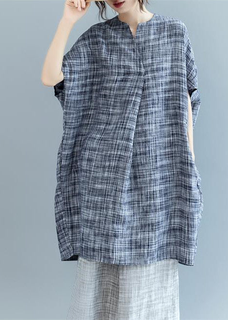 Stylish Black Plaid Natural Linen Dress Oversize Traveling Dress Batwing Sleeve O Neck Baggy Dresses