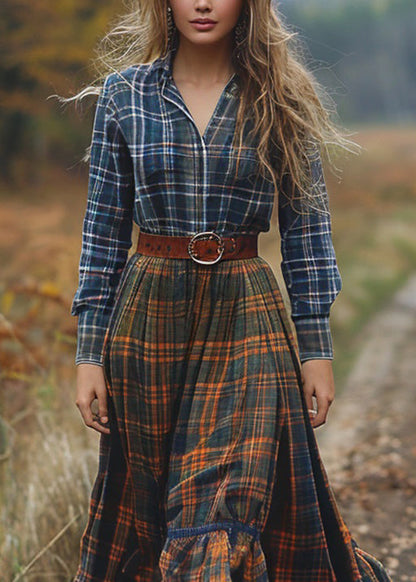Pastoral Style Plaid Patchwork Cotton Dresses Long Sleeve