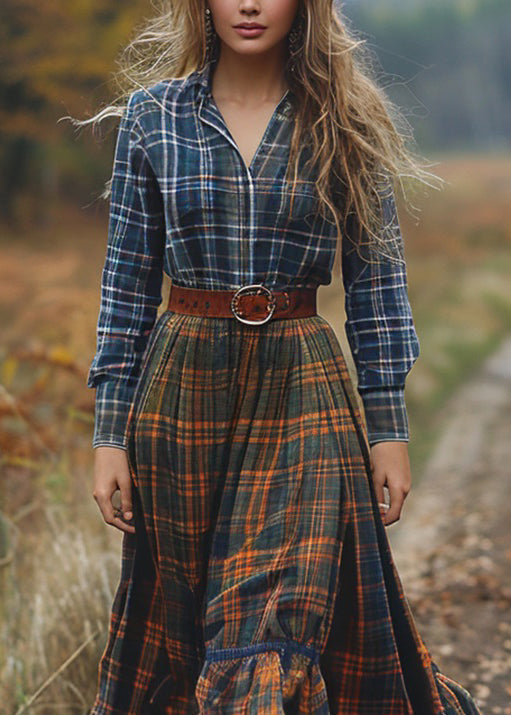 Pastoral Style Plaid Patchwork Cotton Dresses Long Sleeve