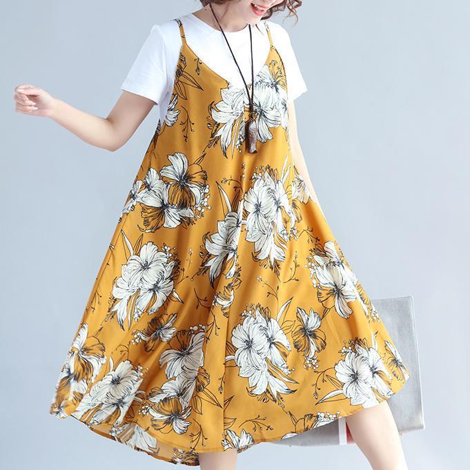 Yellow Prints Midi-length Chiffon Sleeveless Dress Traveling Dress and Cotton Tops Two Pieces