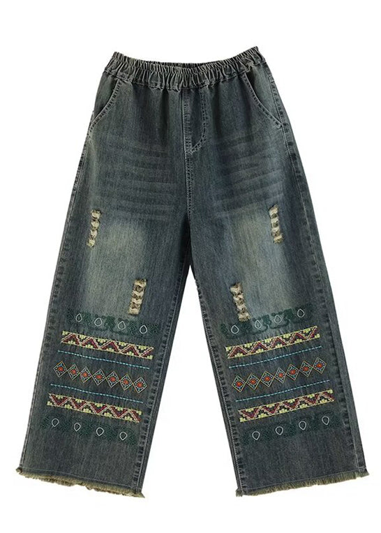 Blue Embroidered Pockets Denim Wide Leg Pants Spring