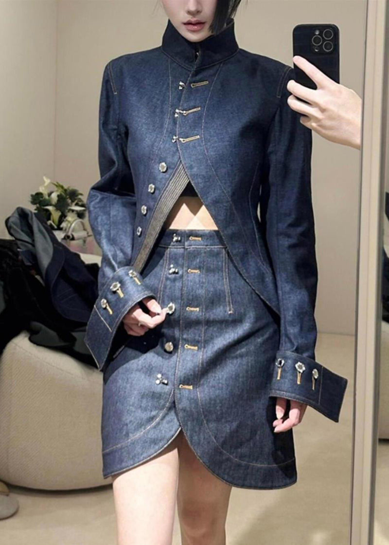 Blue Turtleneck Asymmetrical Patchwork Denim Coats and Skirts Two Pieces Set Spring