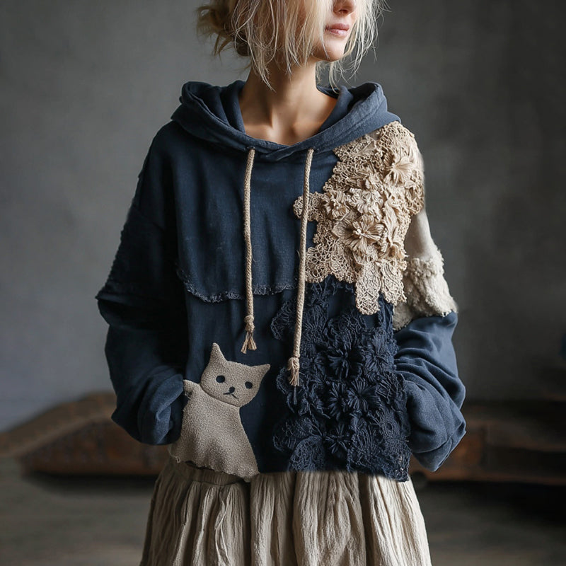 Vintage Boho Floral And Cute Cat Embroidered Patchwork Casual Hoodie elevenforest