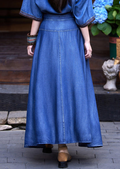 Classy Blue Print High Waist Silk Cotton a Line Denim Skirts Summer