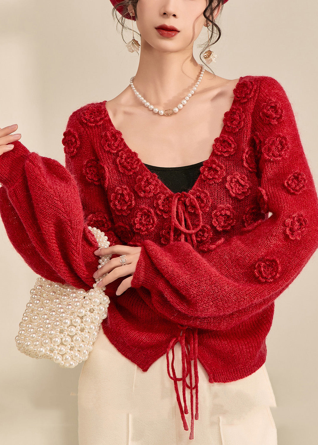 Style Red V Neck Drawstring Cotton Knit Sweater Lantern Sleeve