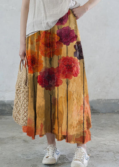 Red Elastic Waist Tie Waist Print Cotton Skirts Spring