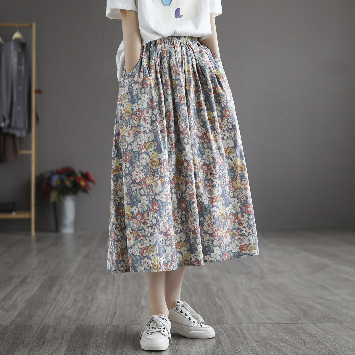 Literary Pleated Elastic Waist A-line Skirt