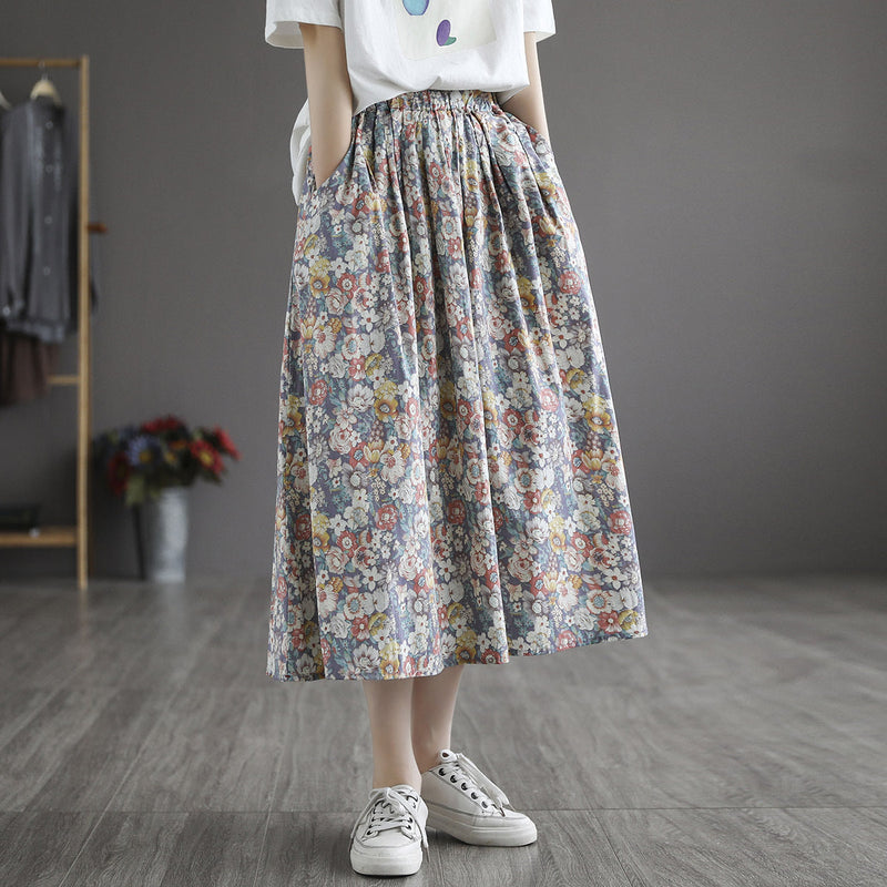 Literary Pleated Elastic Waist A-line Skirt