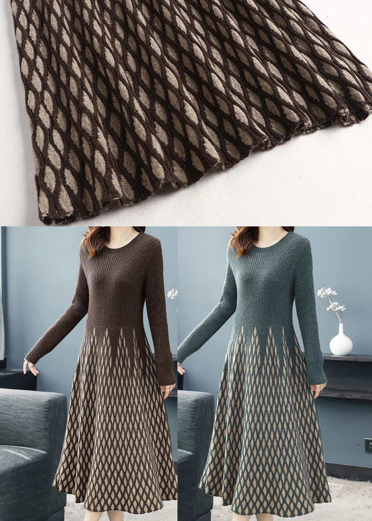 Coffee Plaid Knit Sweater Dress Exra Large Hem Long Sleeve
