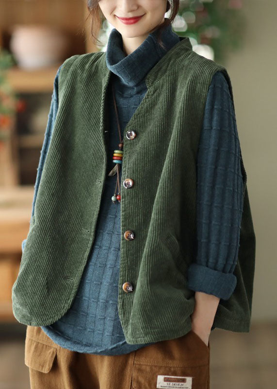 Boutique Green Stand Collar Corduroy Vest Tops Spring