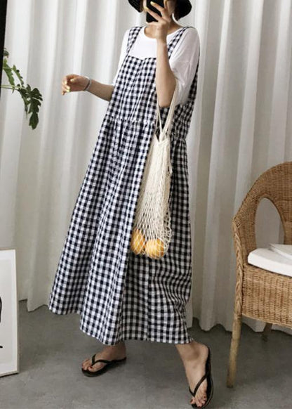 Modern Plaid Linen Cotton Quilting Clothes Spaghetti Strap Cinched Kaftan Dress