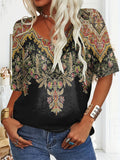 Women's Ethnic Floral Print 100%Cotton V-neck T-Shirt