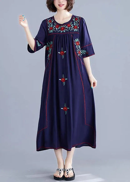 Handmade Navy Embroidery Cotton Clothes for O Neck Cinched Cotton Robes Summer Dress