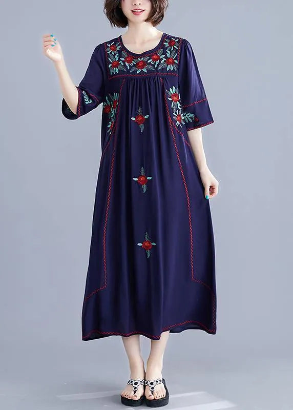 Handmade Navy Embroidery Cotton Clothes for O Neck Cinched Cotton Robes Summer Dress