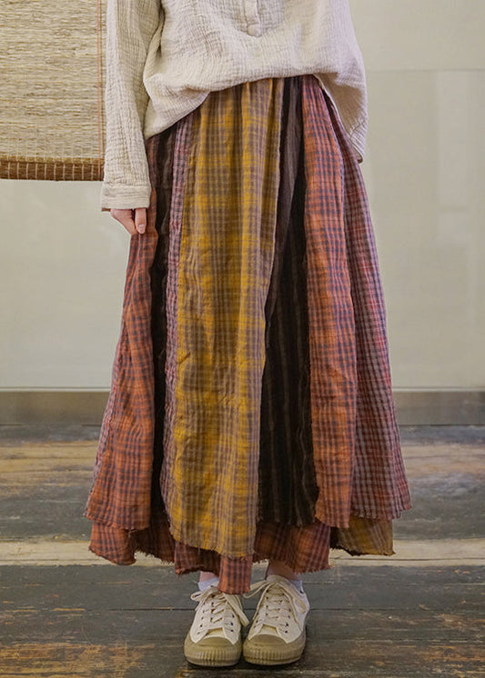 Handmade Colorblock Elastic Waist Plaid Patchwork Cotton Skirt Spring
