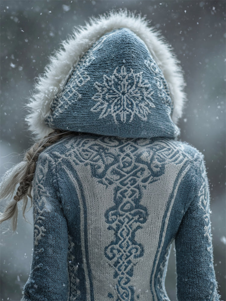 Comstylish Vintage Snowflake Viking Celtic Knot Fur Trim Hooded Sweater