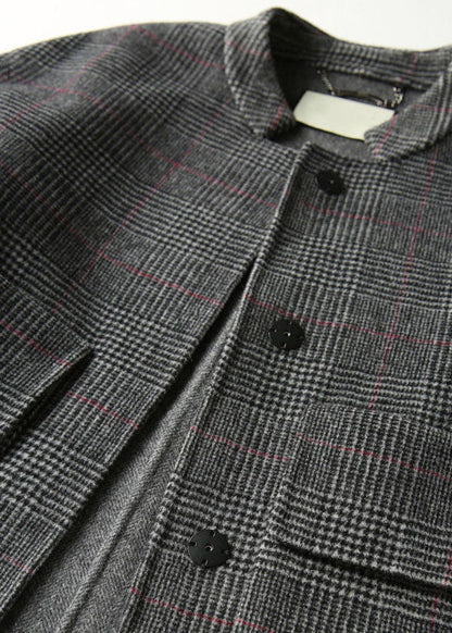 Grey Plaid Retro Loose Pockets Button Fall Winter Coat