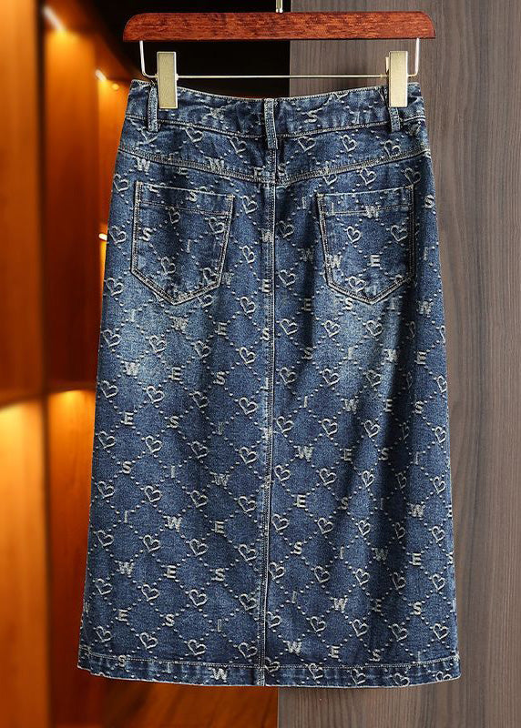 Blue Print Patchwork High Waist Denim a Line Skirt Summer