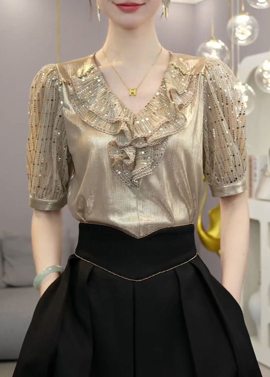 Champagne Ruffled Patchwork Silk Top Short Sleeve