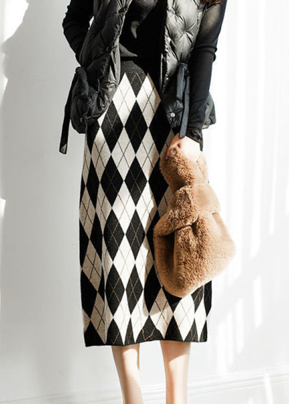 Italian Black Plaid Elastic Waist Knit a Line Skirt Fall