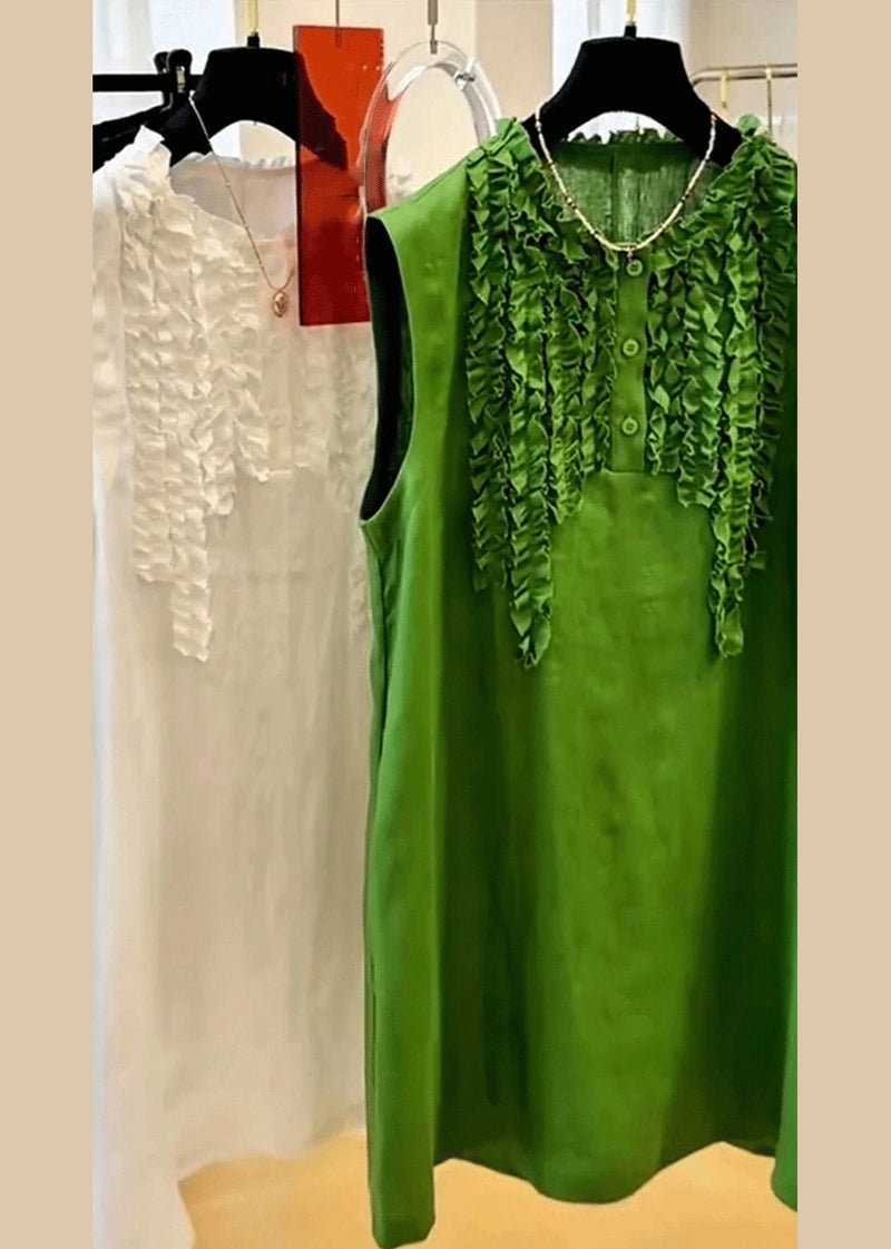 Green Ruffled Button Cotton Mid Dress Sleeveless