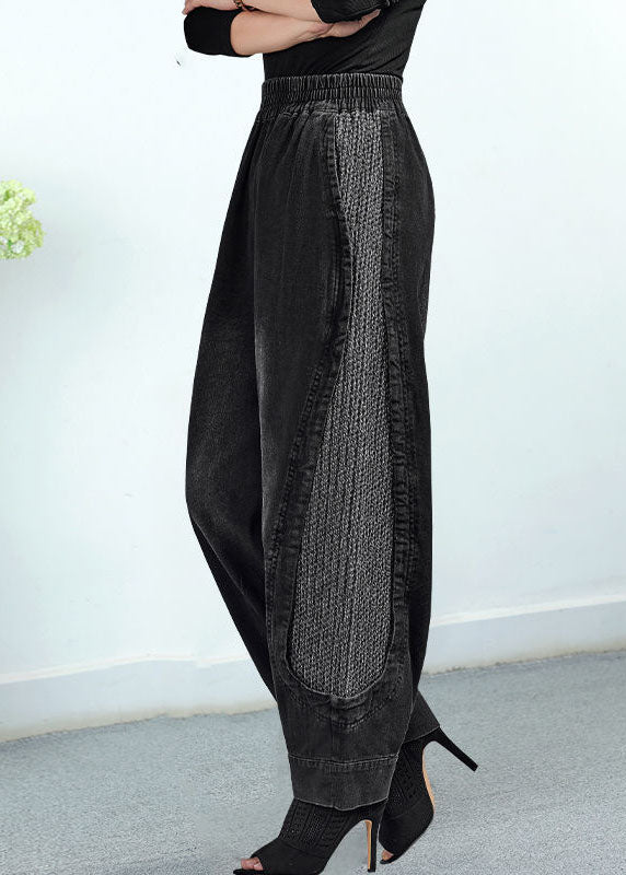 Black Elastic Waist Pockets Patchwork Cotton Pants Trousers Fall