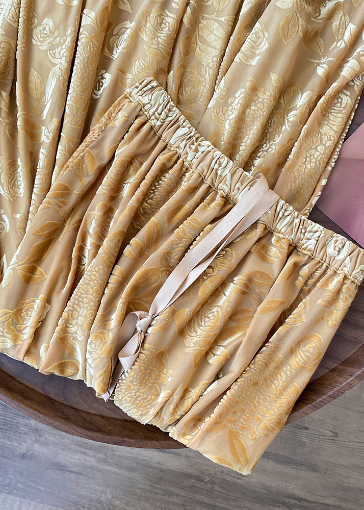 Yellow Print Drawstring Cotton Skirts Fall