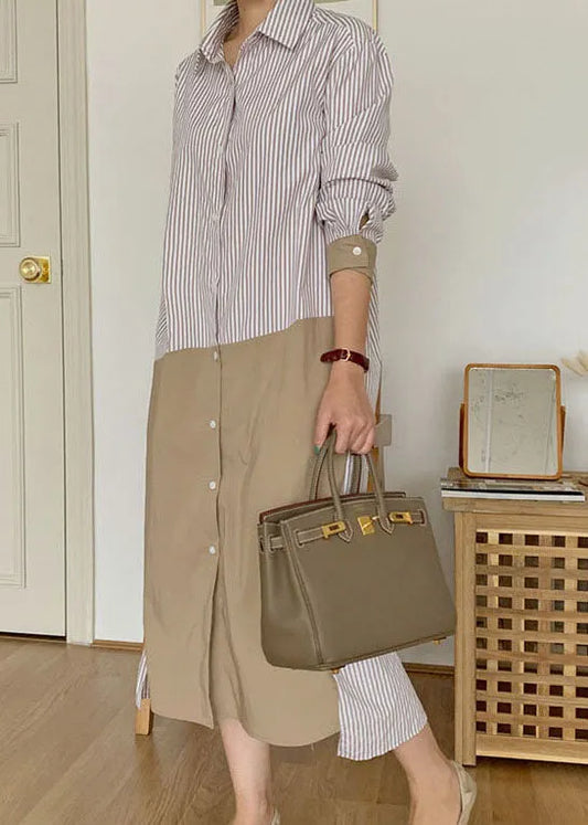 Apricot Striped Patchwork Cotton Shirts Long Dresses Spring
