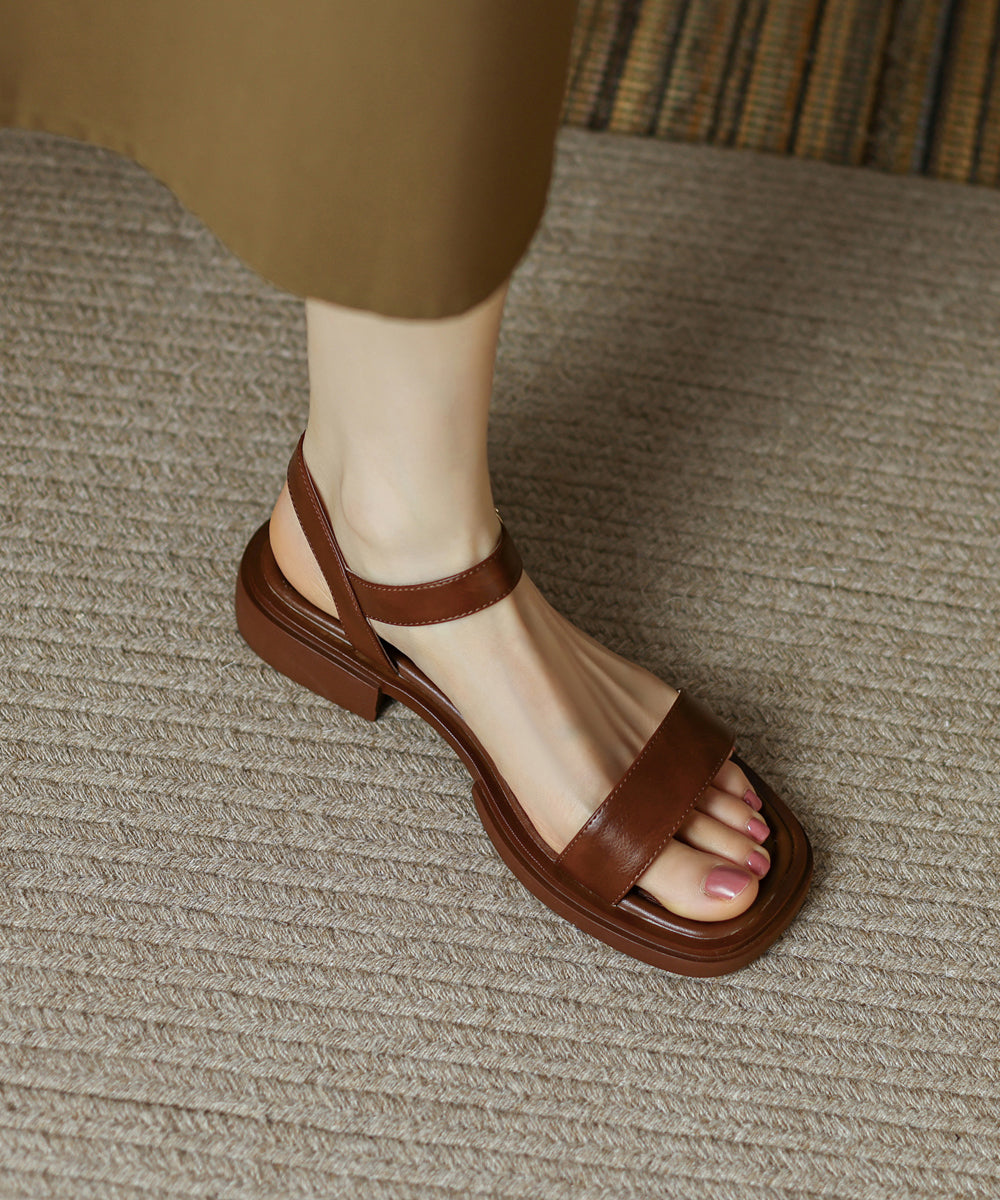 Brown Cowhide Leather Splicing Sandals Peep Toe Buckle Strap