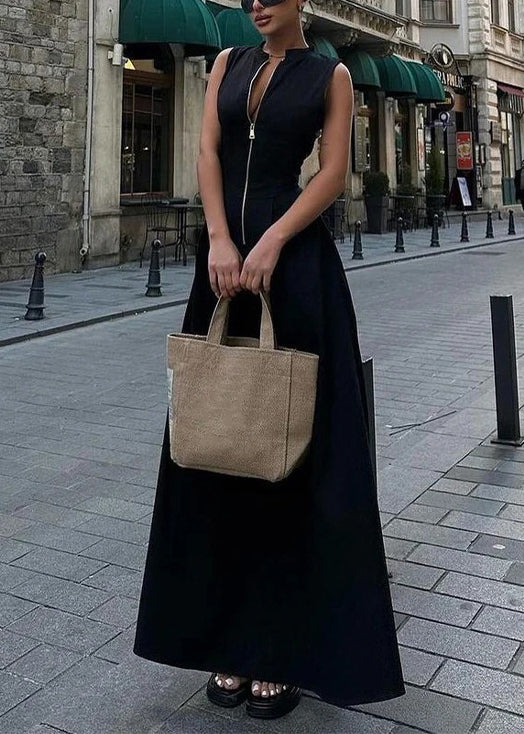 Green Zip Up Pockets Patchwork Cotton Long Dress Sleeveless