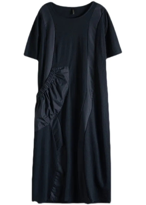 Black O-neck Big Pocket Patchwork Long Dress Short Sleeve