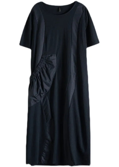 Black O-neck Big Pocket Patchwork Long Dress Short Sleeve