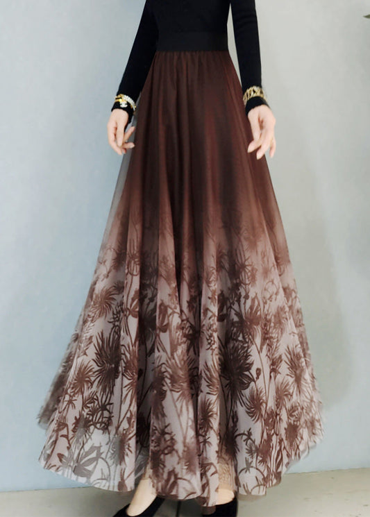 Embroideried Elastic Waist Tulle a Line Skirt Spring