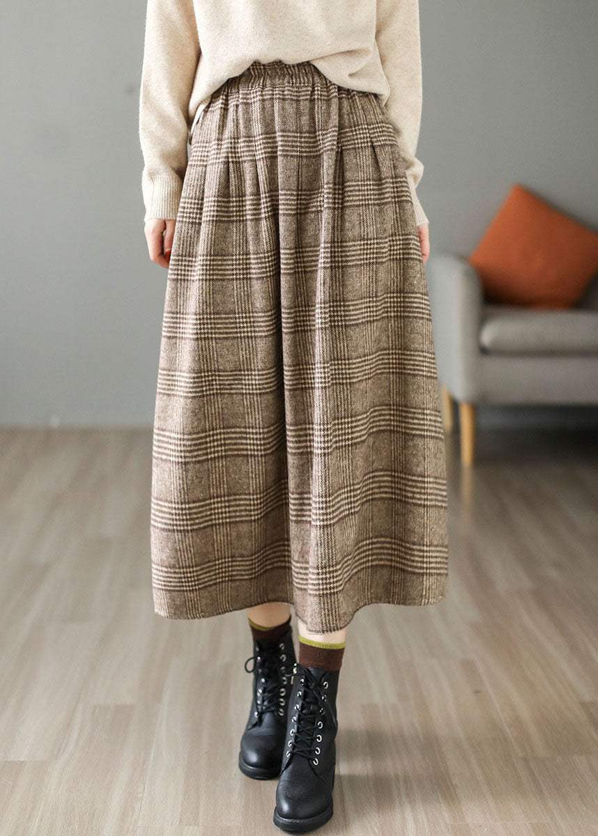 Khaki Plaid Cotton a Line Skirt Elastic Waist Thick Spring
