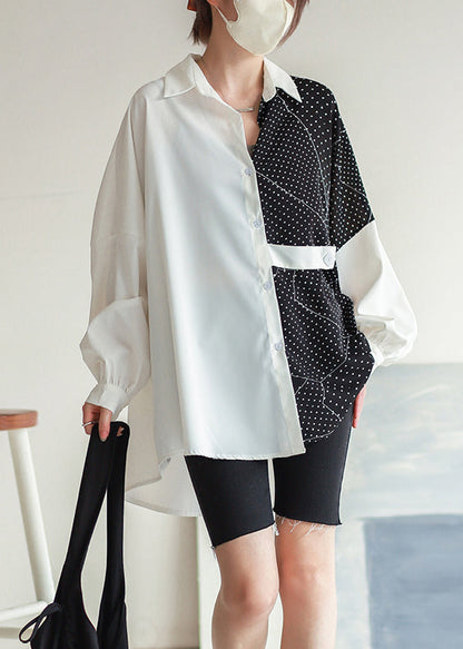 White Dot Asymmetrical Button Chiffon Shirt Batwing Sleeve