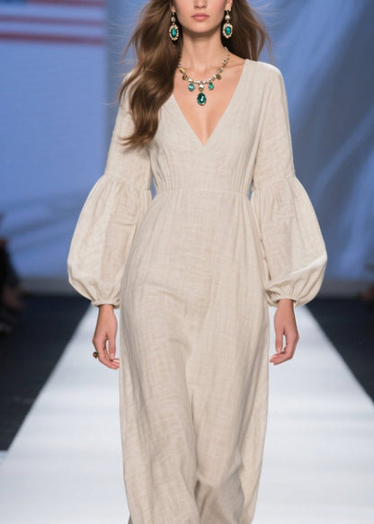 Unique Beige V Neck Patchwork Cotton Long Dresses Fall