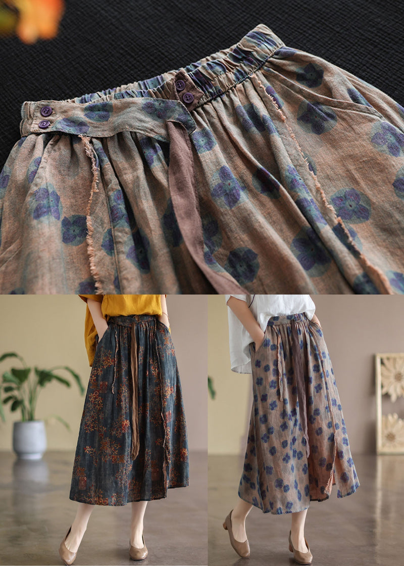 Black Flower Elastic Waist Print Linen Skirts Summer