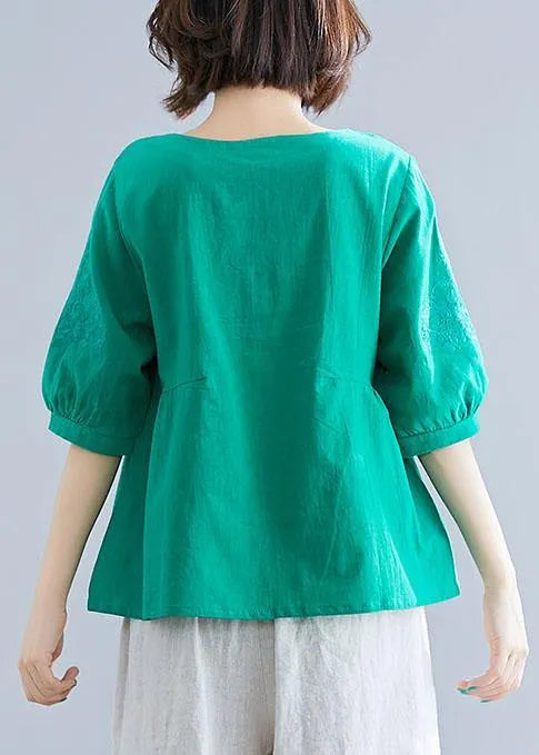 Natural O Neck Embroidery Cotton Clothes Outfits Green Blouses Summer