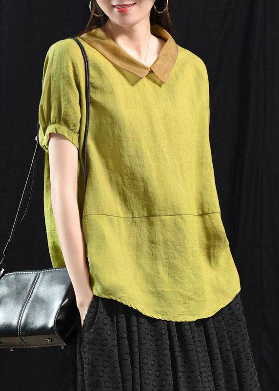 Khaki Patchwork Turn-down Collar Summer Short Sleeve Top