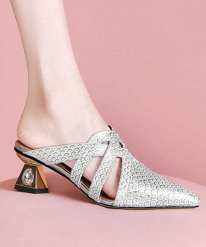 Beige Cowhide Leather Hollow Out Splicing Slide Sandals Pointed Toe