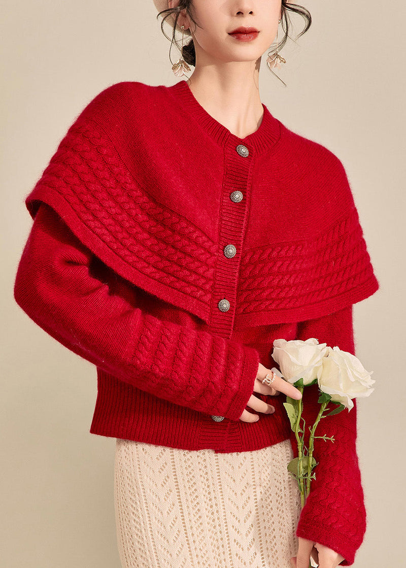 Vogue Red Button Shawl Fake Two Pieces Thick Cotton Knit Sweater Spring