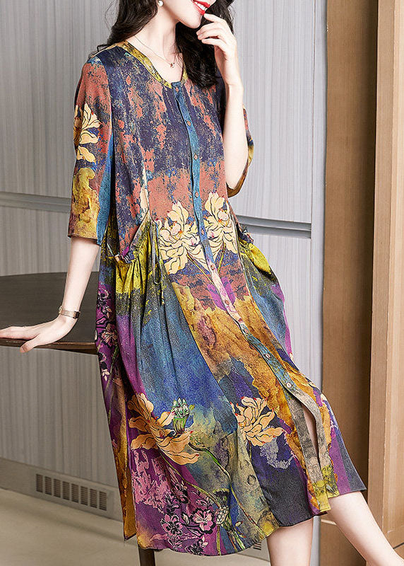 Pockets Wrinkled Patchwork Silk Dress Summer