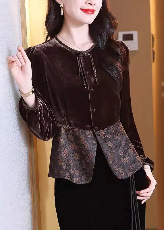 French Brown O Neck Button Patchwork Silk Velour Shirt Spring
